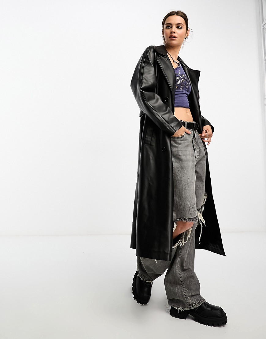 ONLY faux leather belted trenchcoat in black