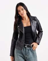 JDY collarless faux leather jacket in black