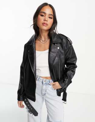 Only Faux Leather Biker Jacket In Black