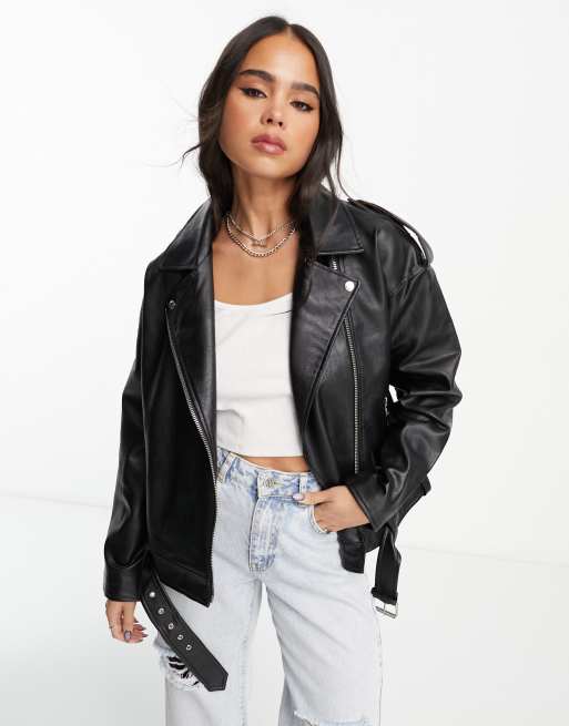 Belted Faux Leather Moto Jacket - Black