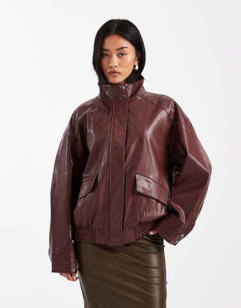 ONLY faux leather bomber jacket in burgundy