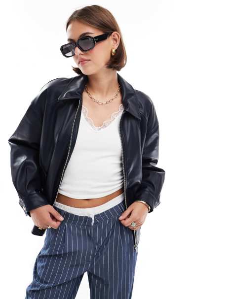 ONLY faux leather bomber jacket in navy  - view 1