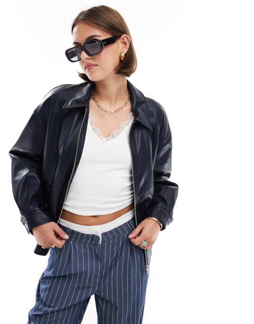 Only Faux Leather Bomber Jacket in Navy