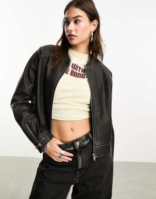 faux leather bomber jacket in washed black