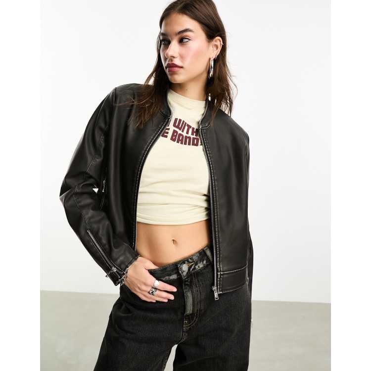 Quilted Pu Boxy Cropped Bomber Jacket