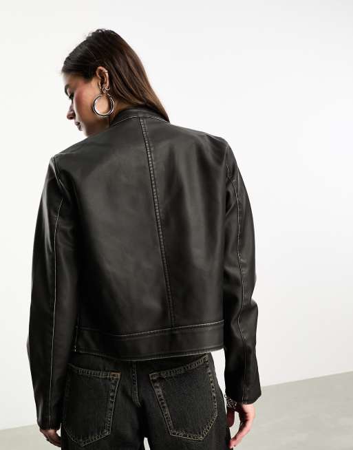 ASOS DESIGN washed faux leather bomber jacket in black