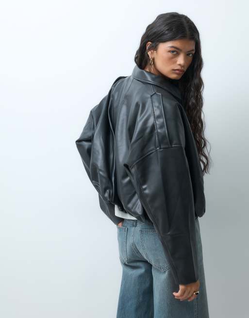 ONLY faux leather bomber with bubble hem in black, 2 of 4