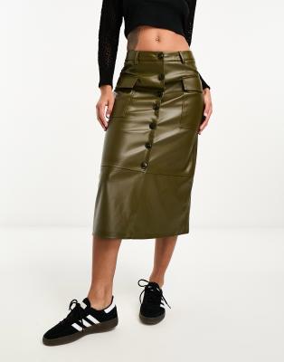 Only Faux Leather Button Down Cargo Midi Skirt In Khaki-green