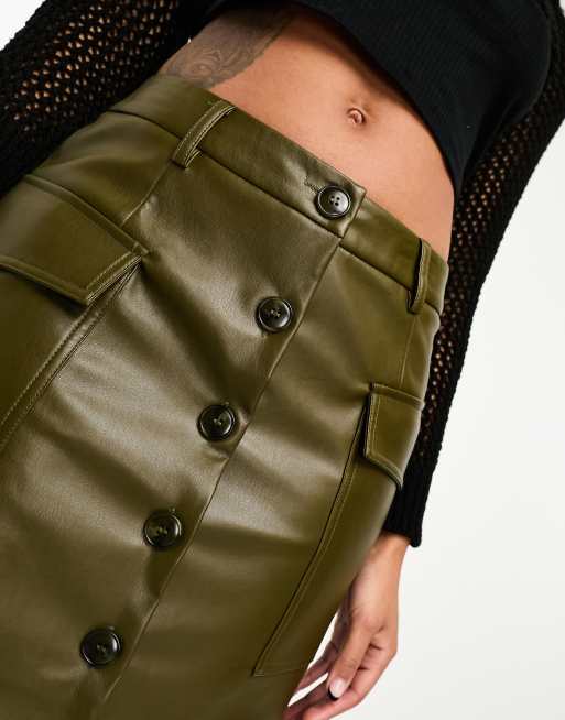 Only faux leather button down cargo midi skirt in khaki