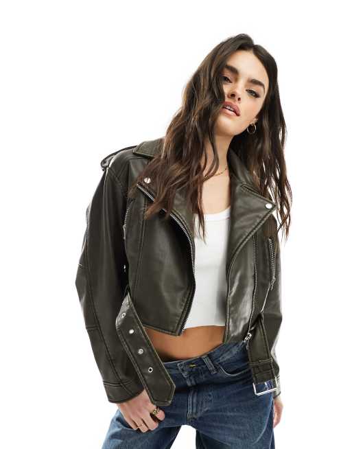 ONLY faux leather cropped biker in wash black | ASOS