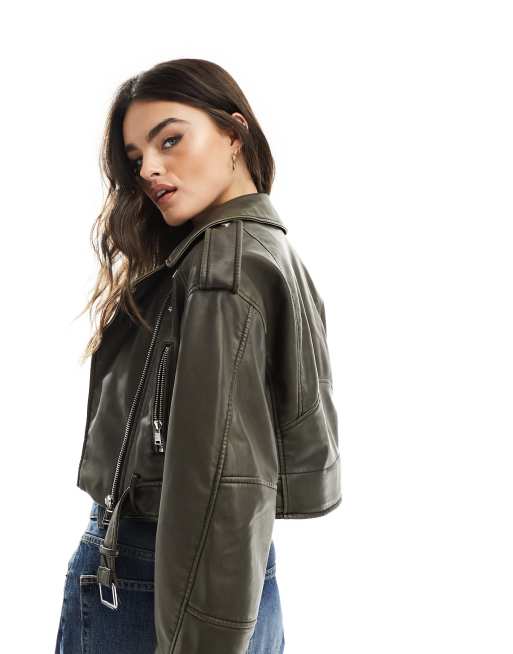 Only faux leather cropped biker jacket in wash black | ASOS