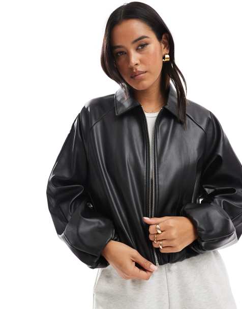 ONLY faux leather cropped bomber jacket in black - view 1