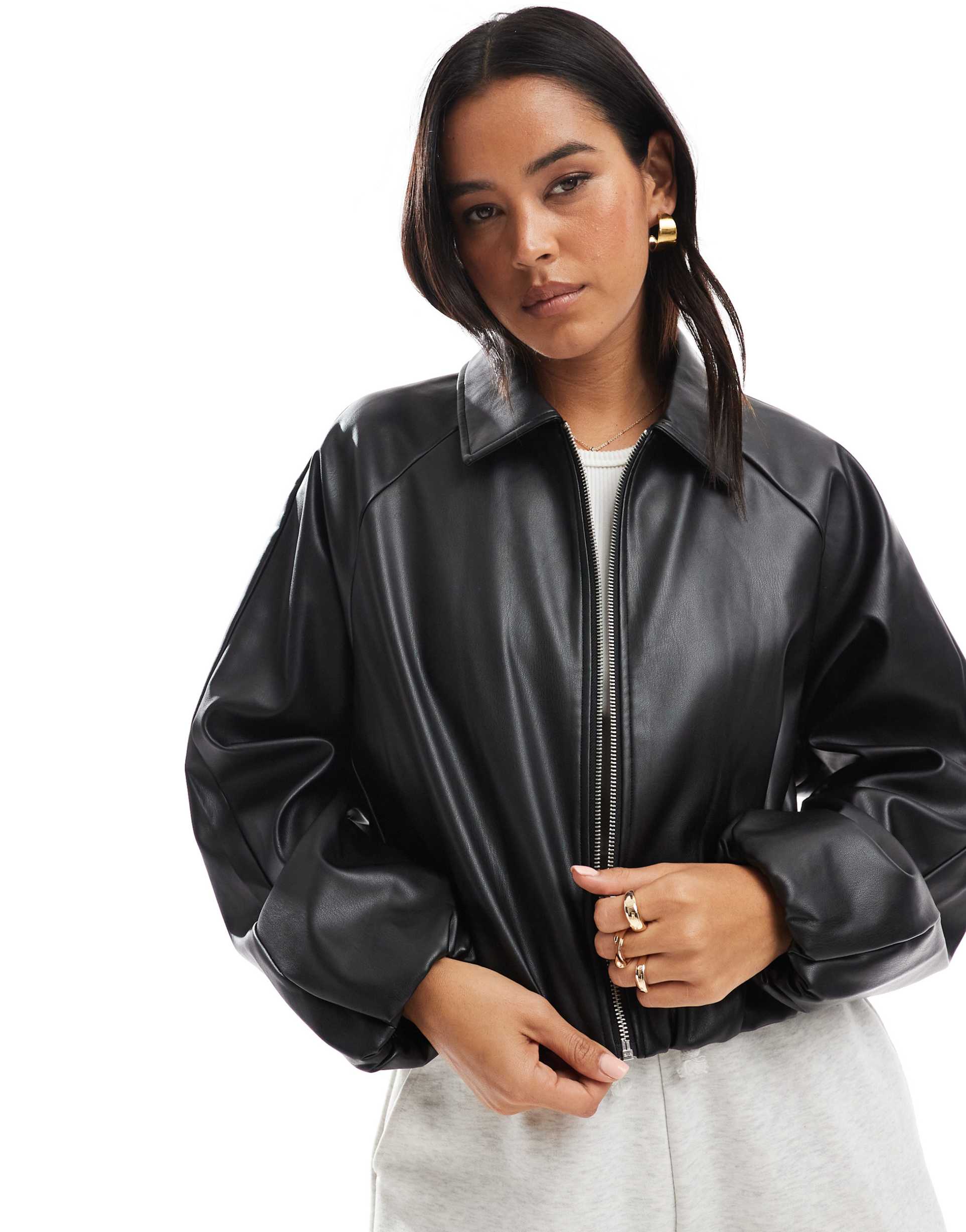 only faux leather cropped bomber jacket in black