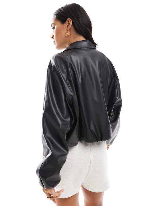 ONLY faux leather cropped bomber jacket in black