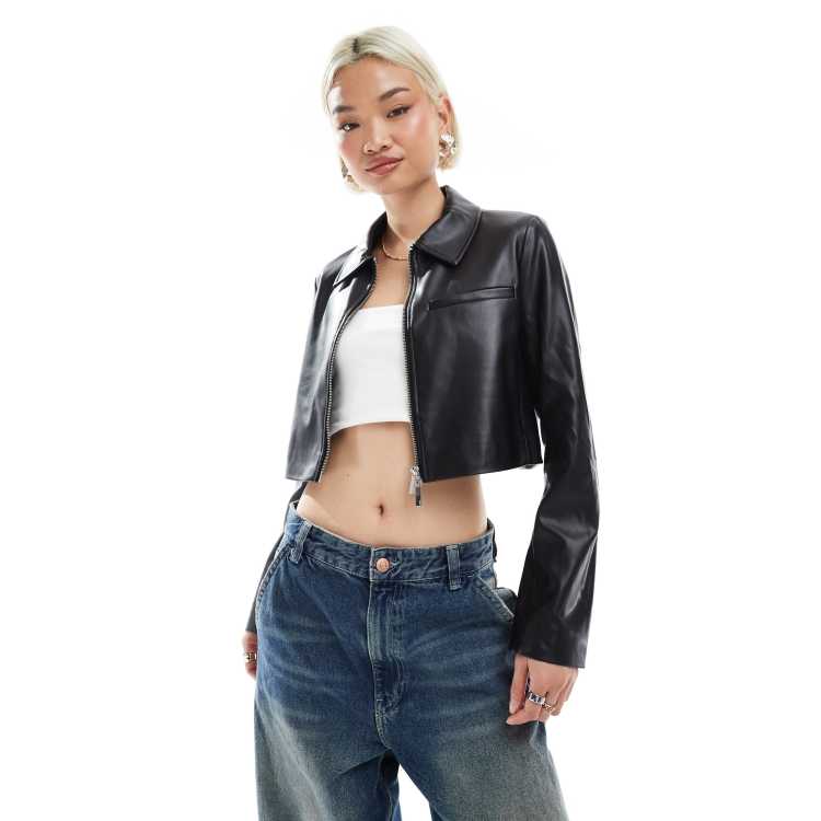 ONLY faux leather cropped jacket in black | ASOS
