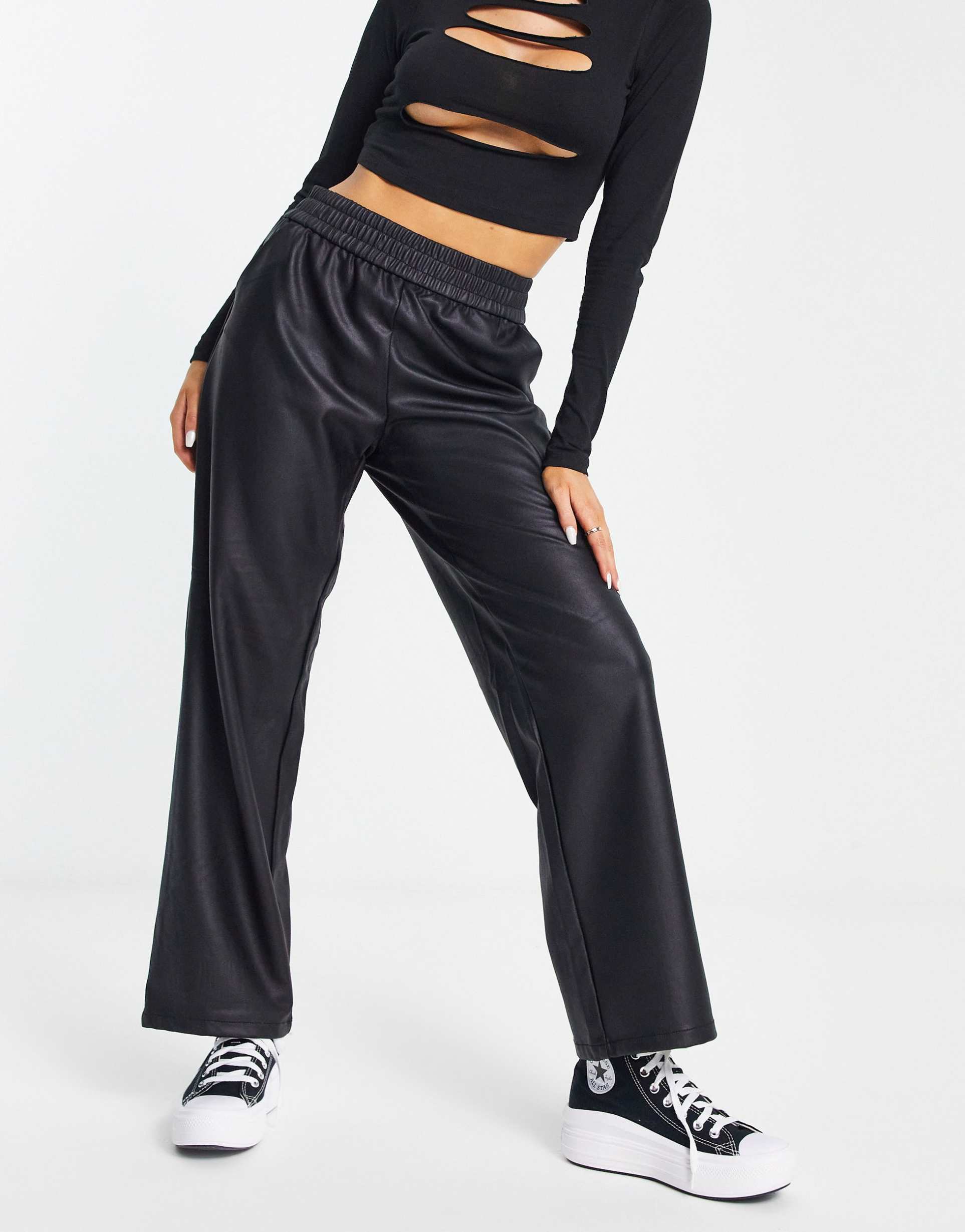 only faux leather elasticated waist straight leg pants in black