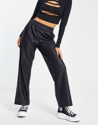 ONLY faux leather elasticated waist straight leg trousers in black