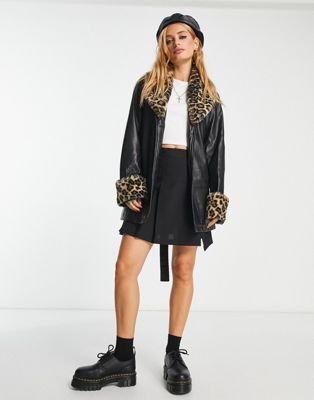 Only faux leather jacket with leopard print trim in black