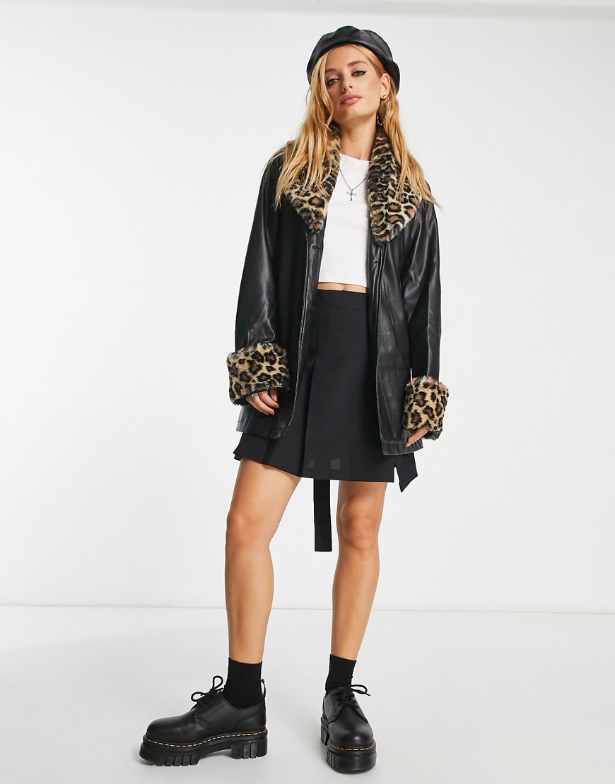 ONLY faux leather jacket with leopard print trim in black-Brown