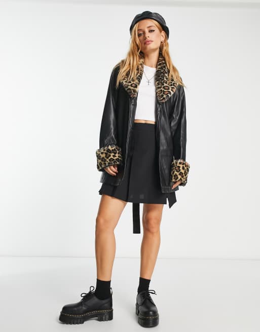 ONLY faux leather jacket with leopard print trim in black ASOS