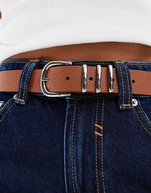 ONLY faux leather jeans belt with silver buckle in tan, 2 of 3