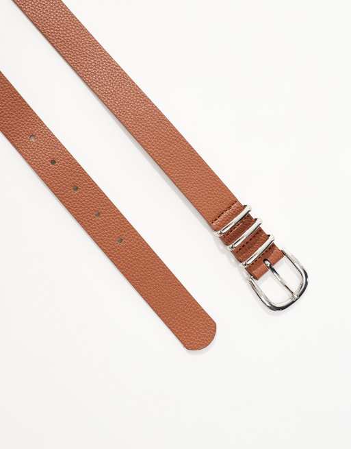 ONLY faux leather jeans belt with silver buckle in tan, 3 of 3