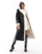 Threadbare Lois longline aviator coat with borg trims in stone | ASOS