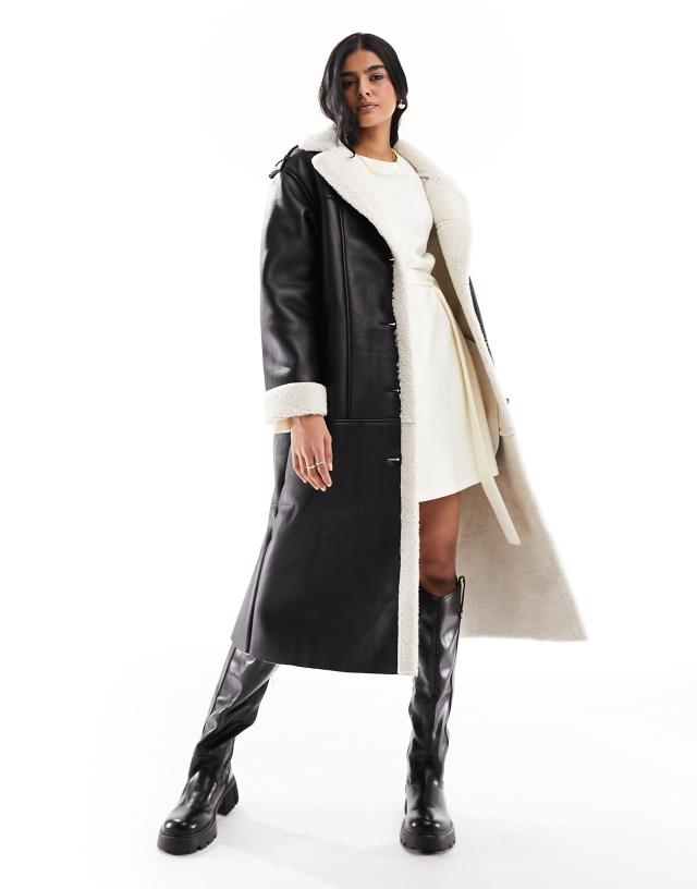 ONLY - faux leather longline aviator coat in black