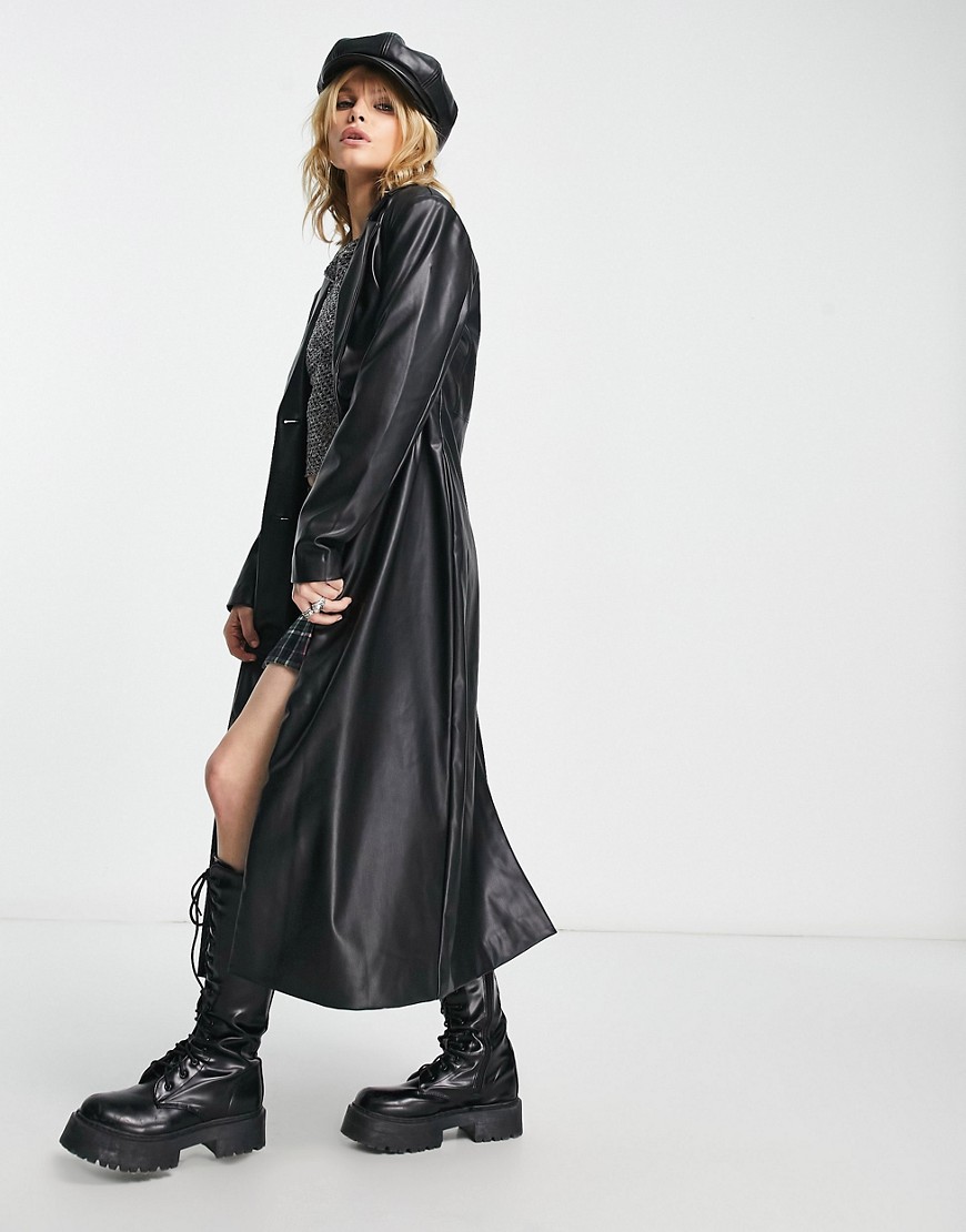 Only faux leather longline trench coat in black