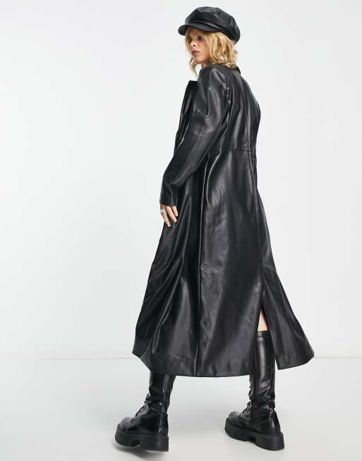 Long black leather hot sale trench coat womens