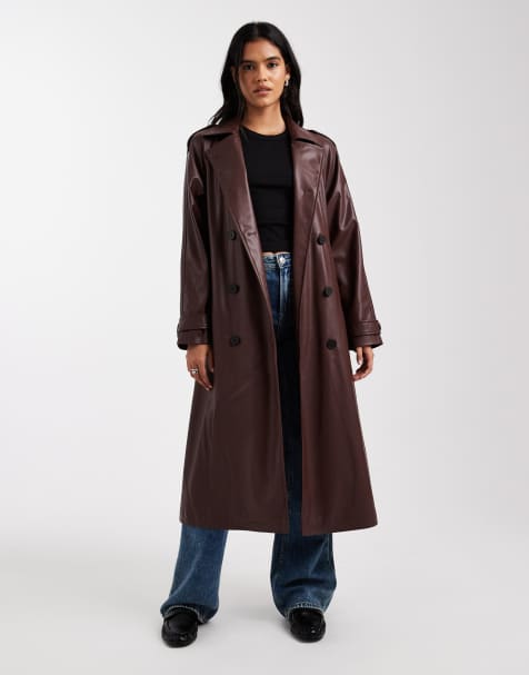 ONLY faux leather maxi trench coat in brown - view 1