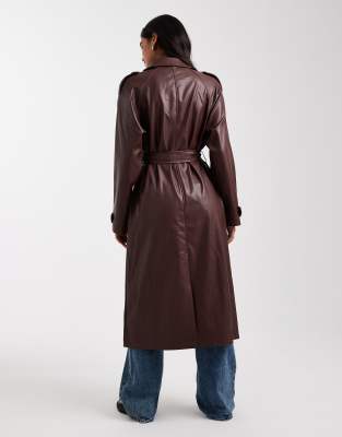 Only Faux Leather Maxi Trench Coat In Brown