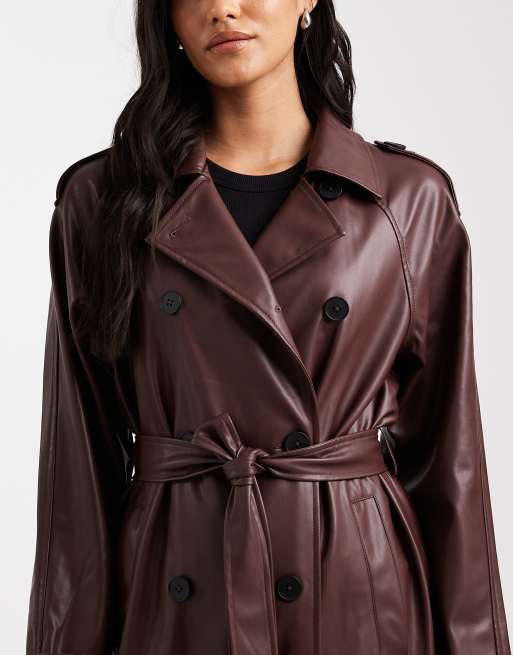 ONLY faux leather maxi trench coat in chocolate brown, 3 of 4
