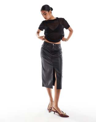 faux leather midi skirt in black