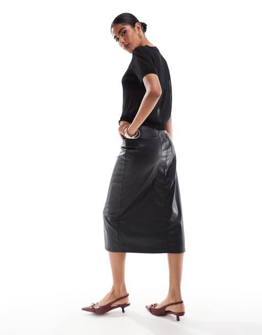 ONLY faux leather midi skirt in black  