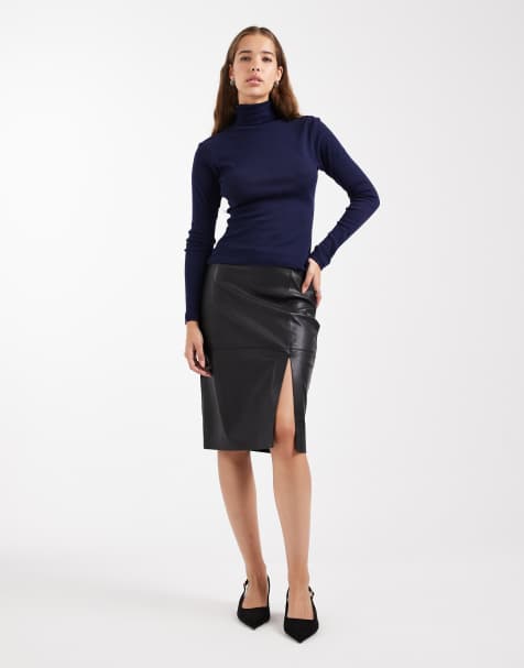 ONLY faux leather midi skirt with slit in black - view 1