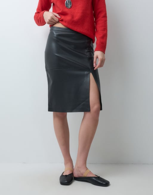 ONLY faux leather midi skirt with split in black, 2 of 5