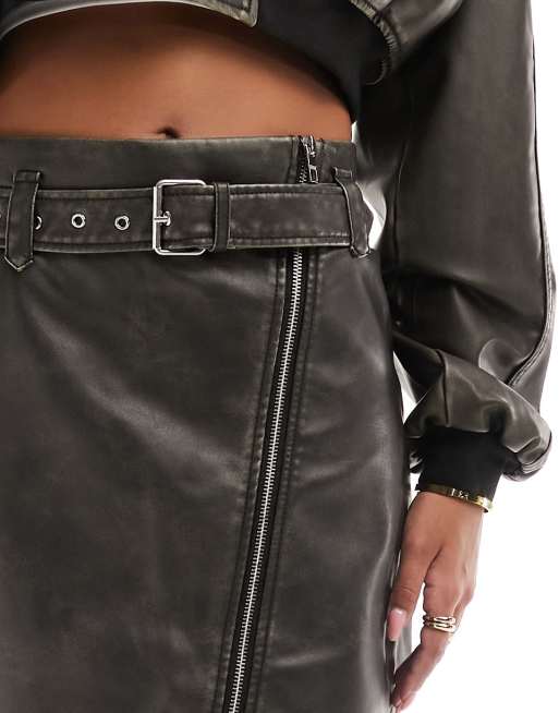 Only faux leather mini skirt with belt detail in washed black ASOS