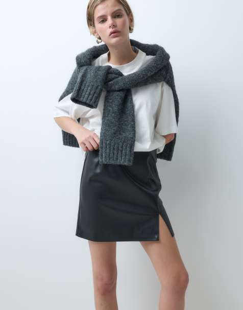 ONLY faux leather mini skirt with slit in black - view 1