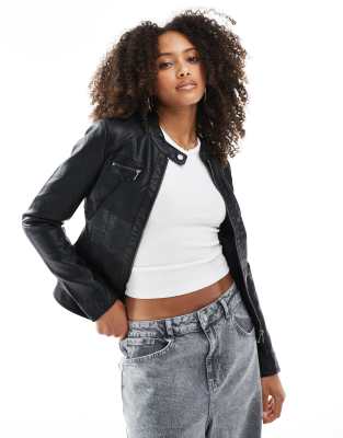 faux leather moto jacket in black