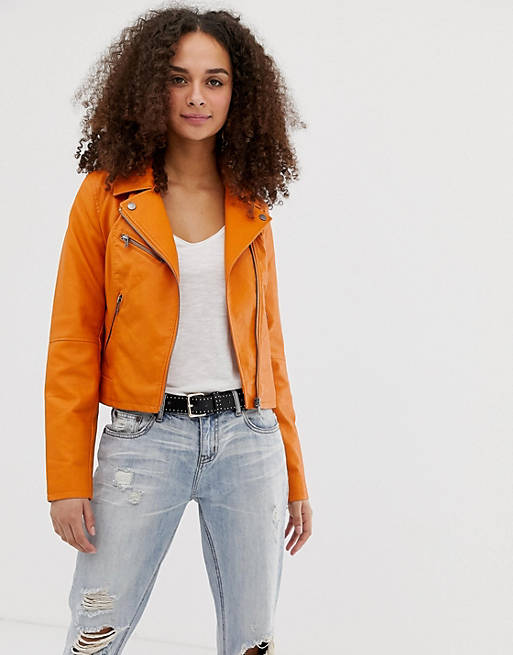 Only faux leather orange biker jacket | ASOS