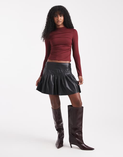 ONLY faux leather pleated mini skirt with button details in black, 2 of 5