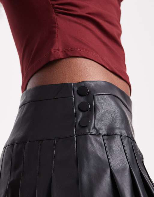 ONLY faux leather pleated mini skirt with button details in black, 3 of 5