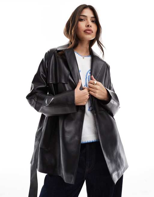 ONLY faux leather short trench coat in black ASOS