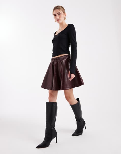 ONLY faux leather skater skirt in burgundy - view 1