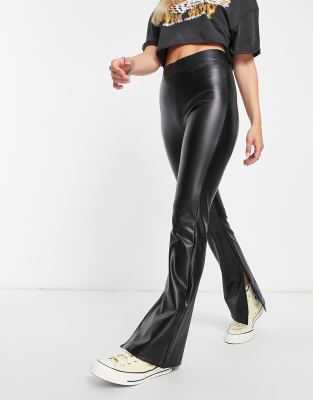 ONLY ONLY faux leather split leg flare trousers in black - BLACK