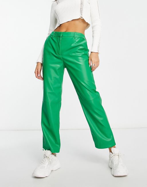 Dilyene Pants - Mid Waist Straight Leg Faux Leather Pants in Green