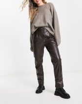 Topshop faux leather skinny fit pants in chocolate - ShopStyle