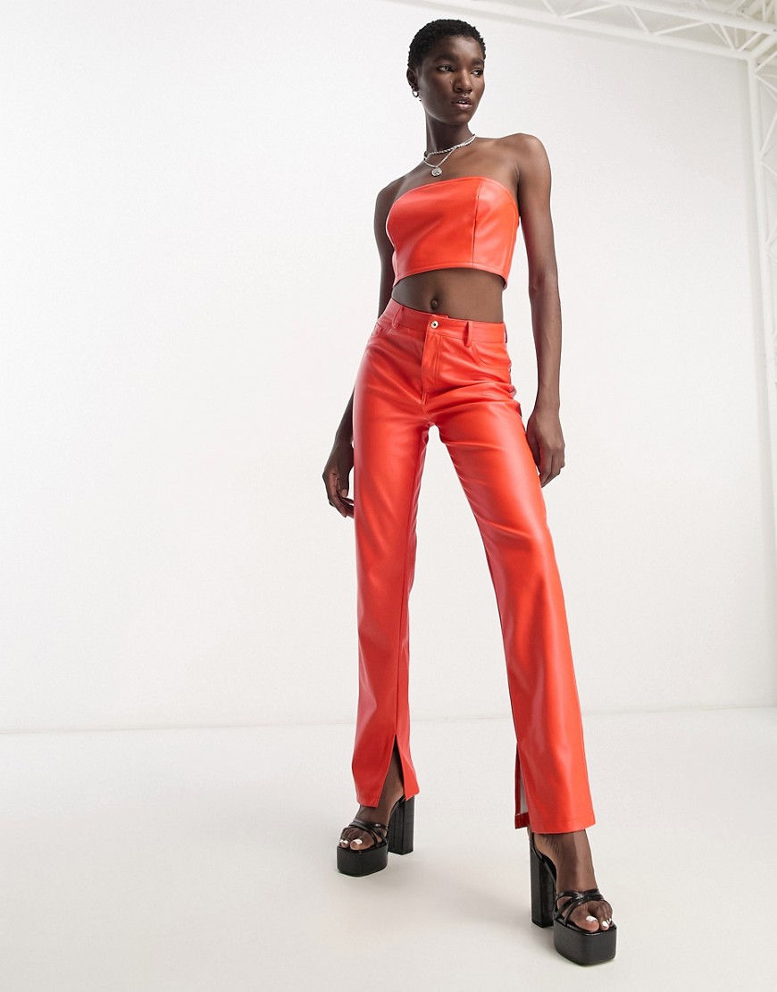 Only Faux Leather Straight Leg Pants In Orange - Part Of A Set