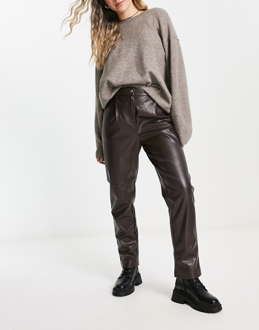 ONLY faux leather straight leg trousers in chocolate brown